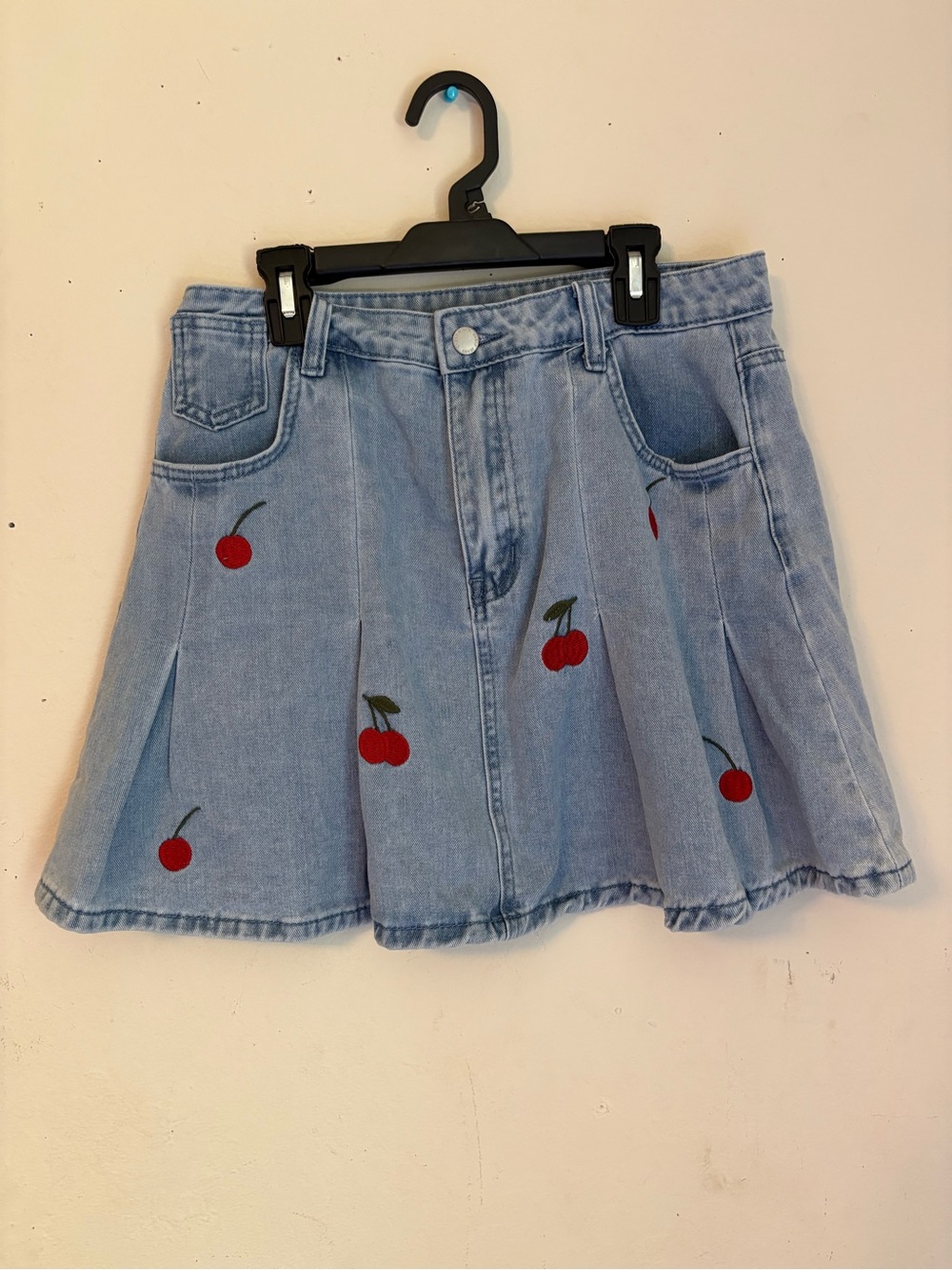 SHEIN Light Blue Denim Cherry Embroidered Skater Skirt